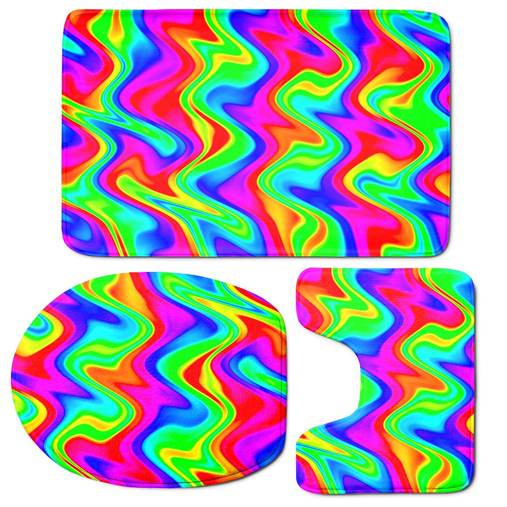 Psychedelic Rainbow Trippy Print 3 Piece Bath Mat Set