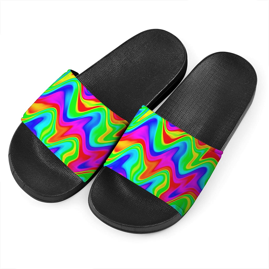 Psychedelic Rainbow Trippy Print Black Slide Sandals