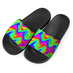 Psychedelic Rainbow Trippy Print Black Slide Sandals