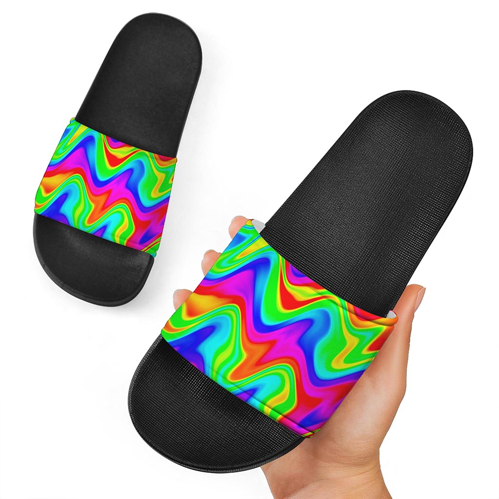 Psychedelic Rainbow Trippy Print Black Slide Sandals