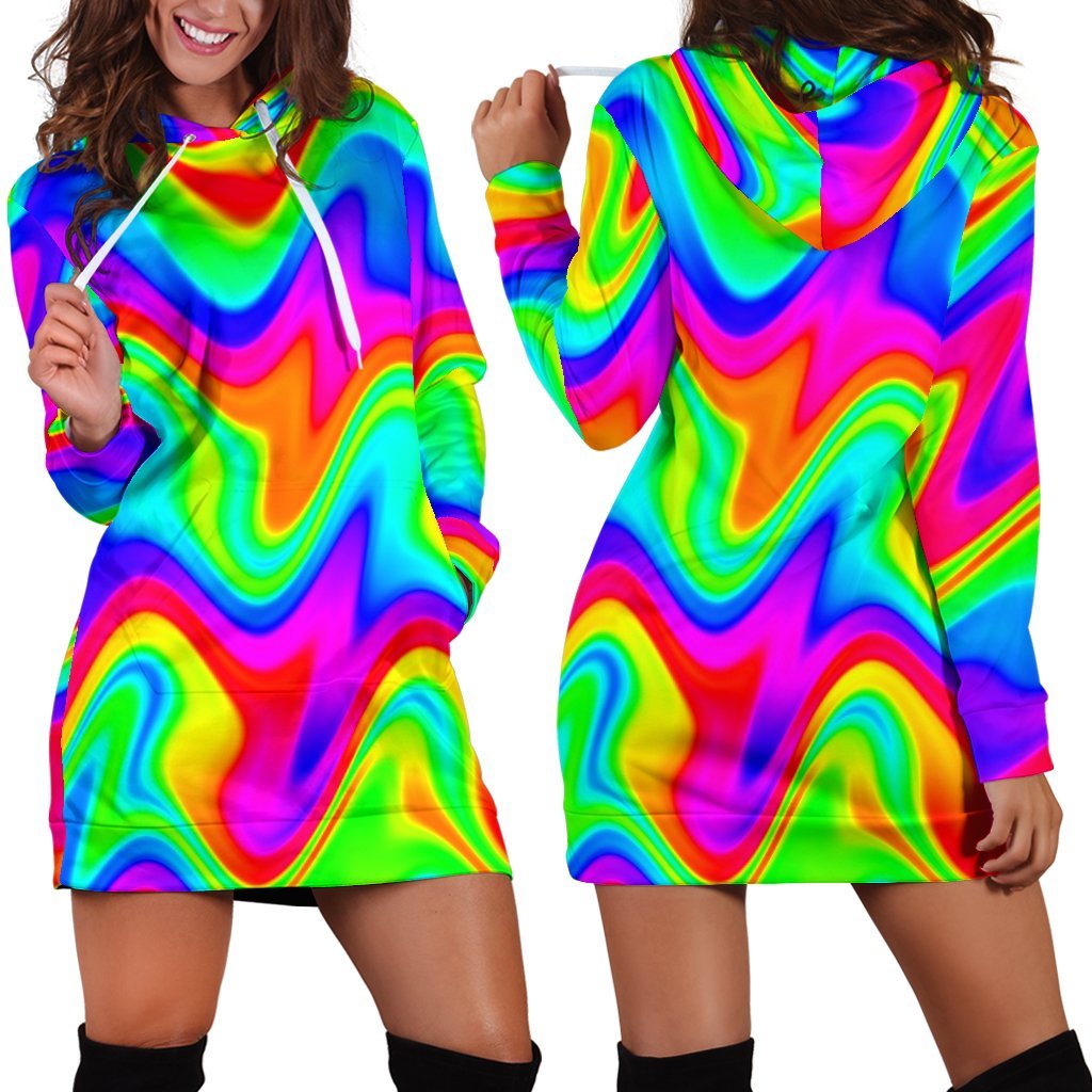 Psychedelic Rainbow Trippy Print Hoodie Dress GearFrost