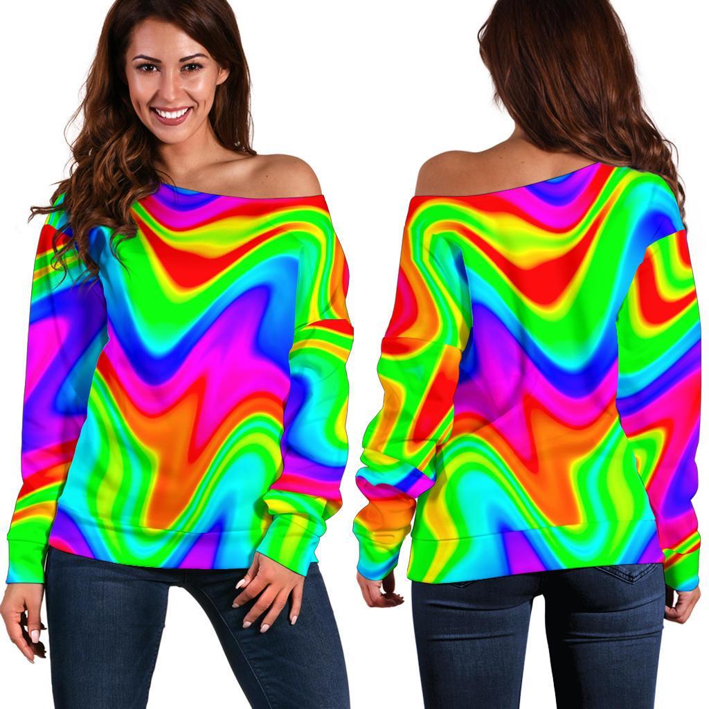 Psychedelic Rainbow Trippy Print Off Shoulder Sweatshirt GearFrost