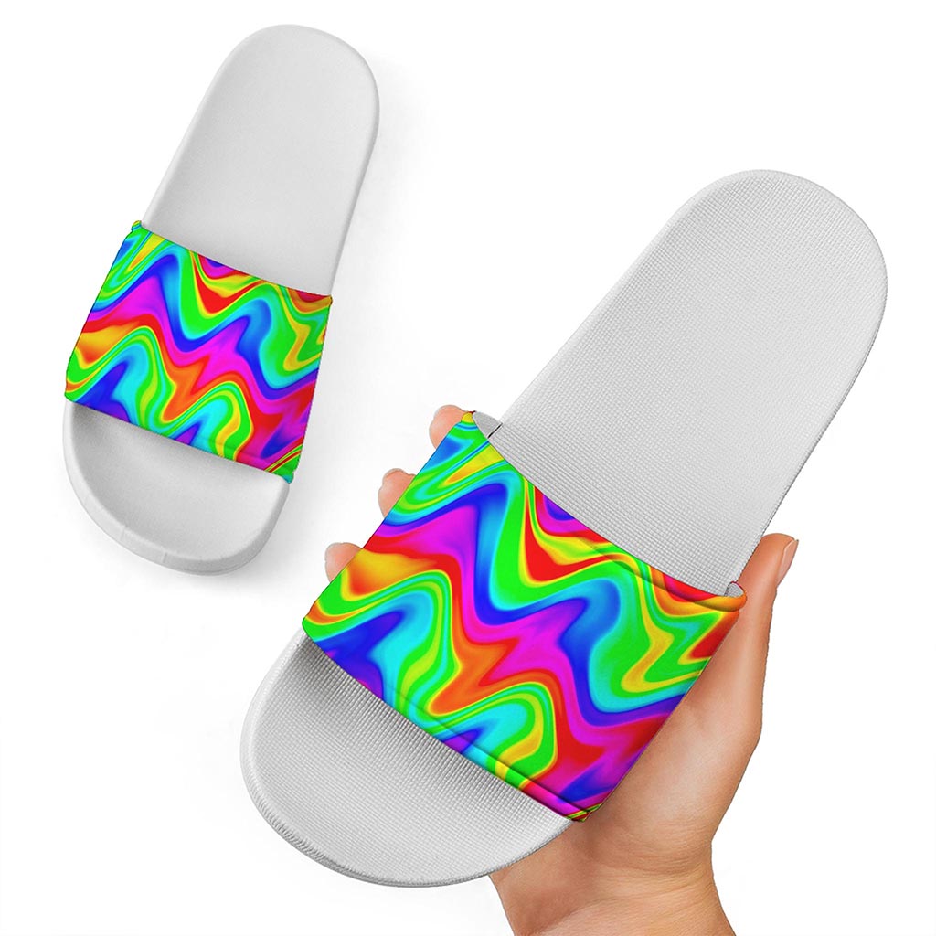 Psychedelic Rainbow Trippy Print White Slide Sandals