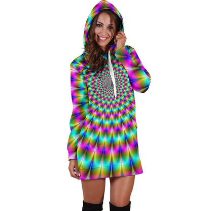 Psychedelic Rave Optical Illusion Hoodie Dress GearFrost