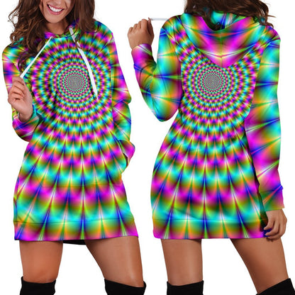 Psychedelic Rave Optical Illusion Hoodie Dress GearFrost