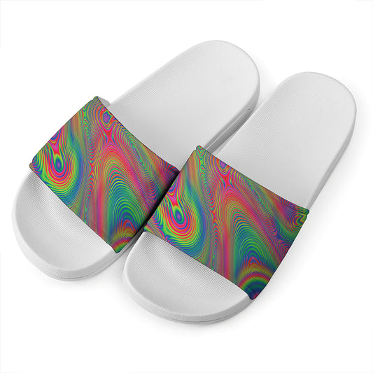 Psychedelic Rave Print White Slide Sandals