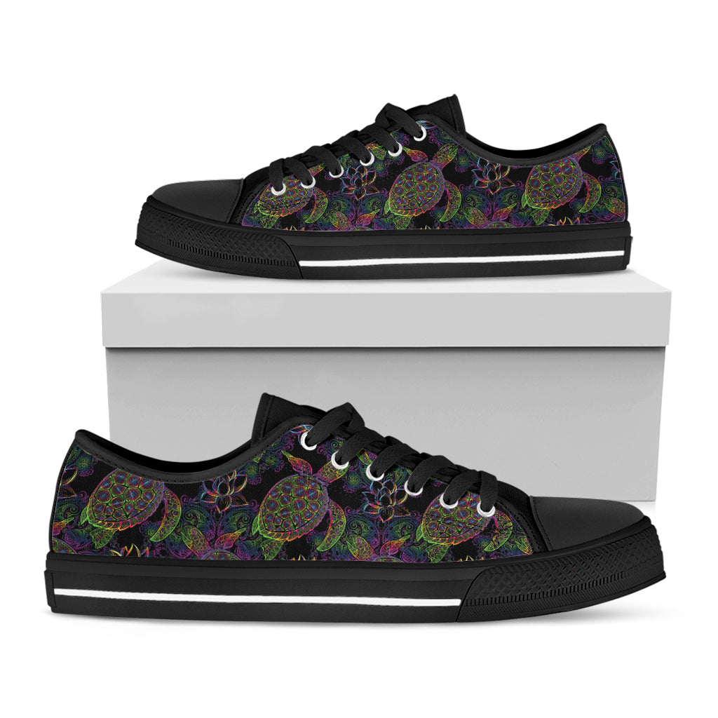 Psychedelic Sea Turtle Pattern Print Black Low Top Shoes