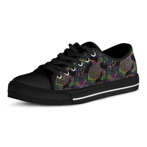 Psychedelic Sea Turtle Pattern Print Black Low Top Shoes