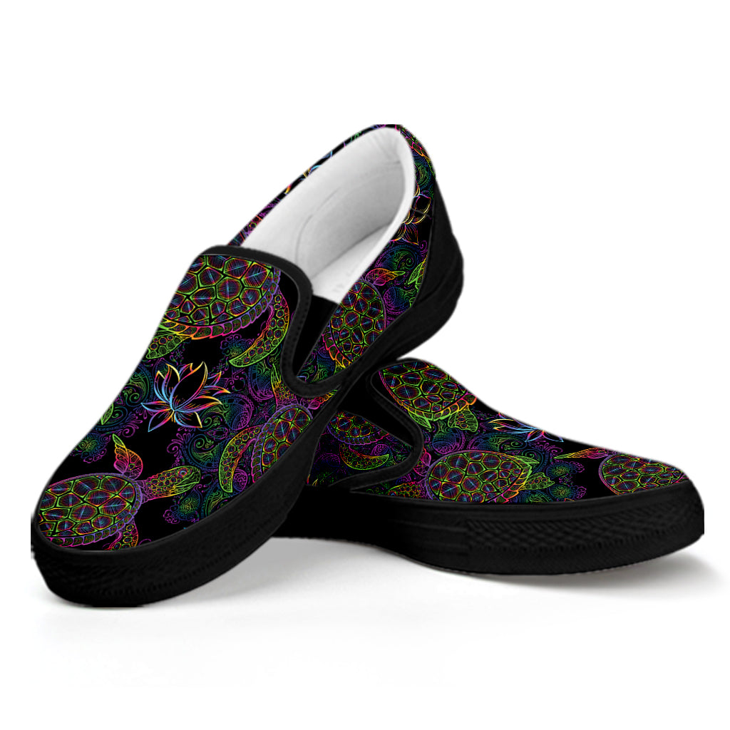 Psychedelic Sea Turtle Pattern Print Black Slip On Shoes