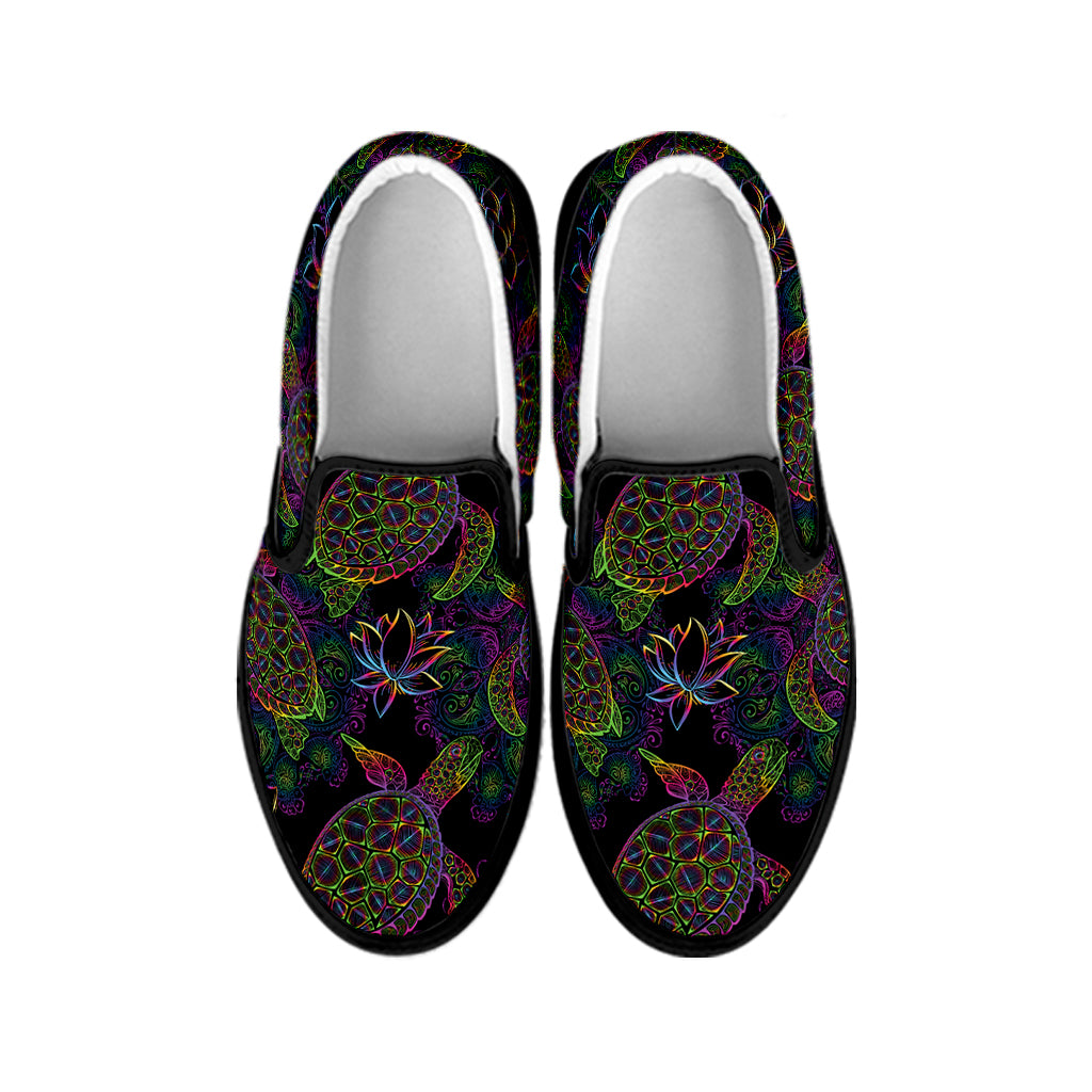 Psychedelic Sea Turtle Pattern Print Black Slip On Shoes