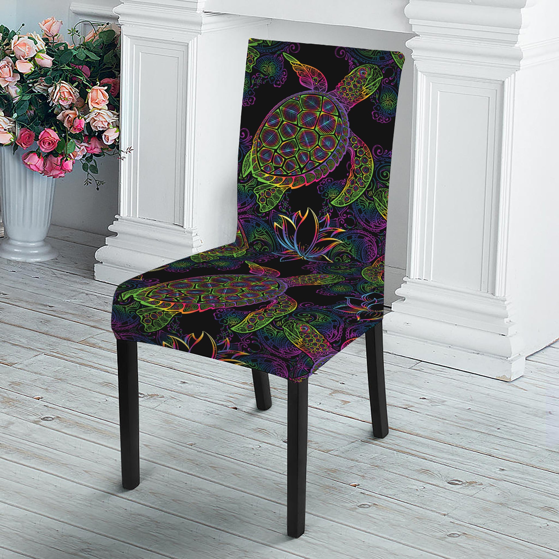Psychedelic Sea Turtle Pattern Print Dining Chair Slipcover
