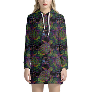 Psychedelic Sea Turtle Pattern Print Hoodie Dress