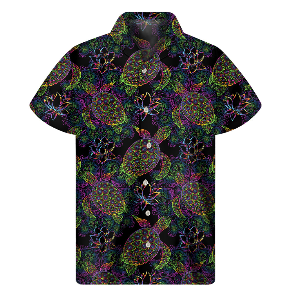 Psychedelic Sea Turtle Pattern Print Men's Short Sleeve Shirt