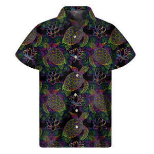 Psychedelic Sea Turtle Pattern Print Men's Short Sleeve Shirt