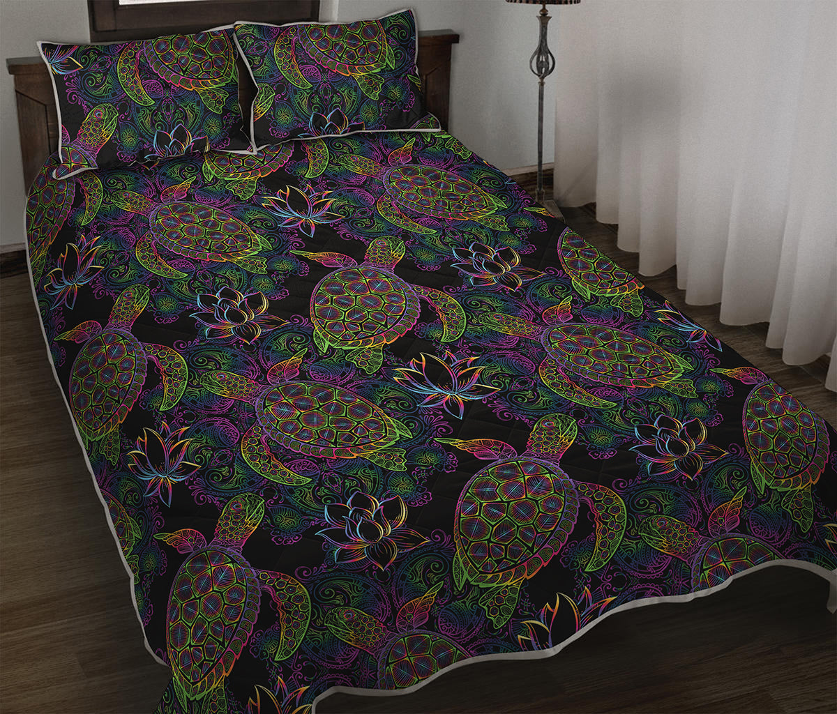 Psychedelic Sea Turtle Pattern Print Quilt Bed Set