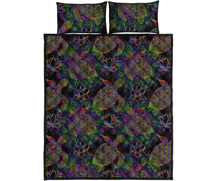 Psychedelic Sea Turtle Pattern Print Quilt Bed Set