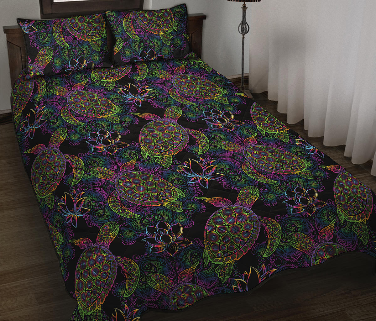 Psychedelic Sea Turtle Pattern Print Quilt Bed Set
