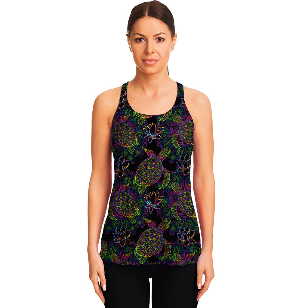 Psychedelic Sea Turtle Pattern Print Women's Racerback Tank Top