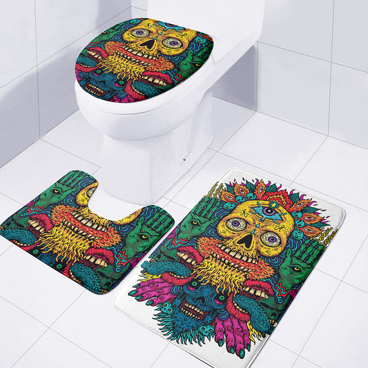 Psychedelic Skull Print 3 Piece Bath Mat Set