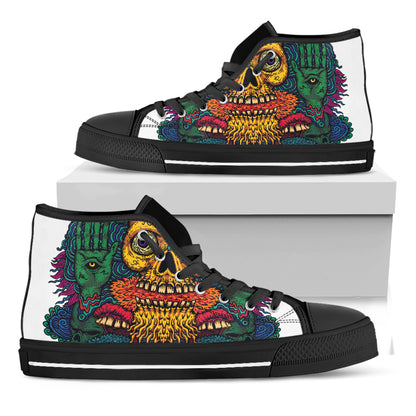 Psychedelic Skull Print Black High Top Shoes