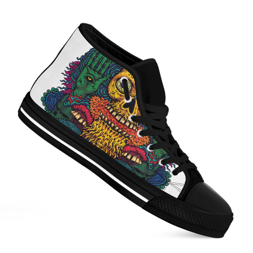 Psychedelic Skull Print Black High Top Shoes