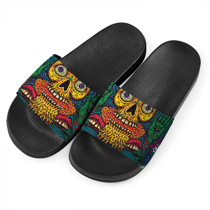 Psychedelic Skull Print Black Slide Sandals
