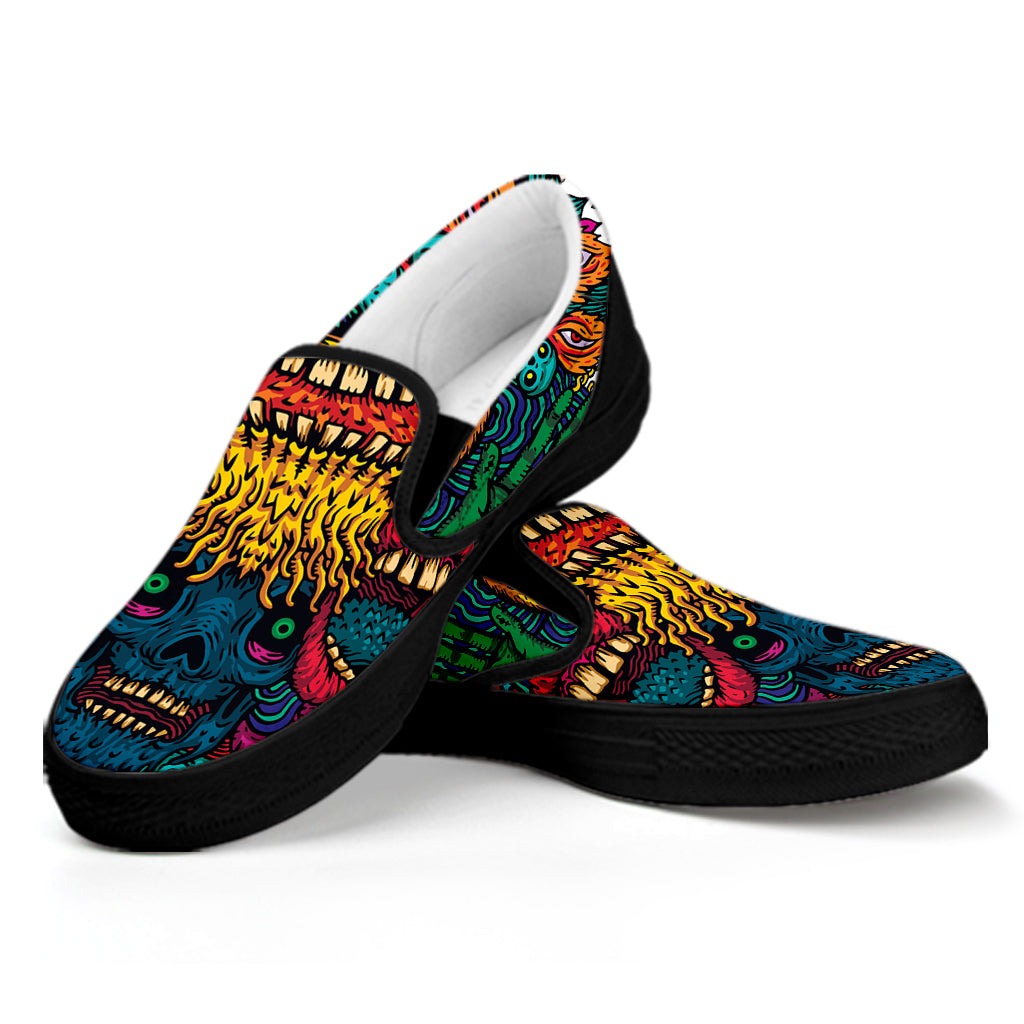 Psychedelic Skull Print Black Slip On Shoes