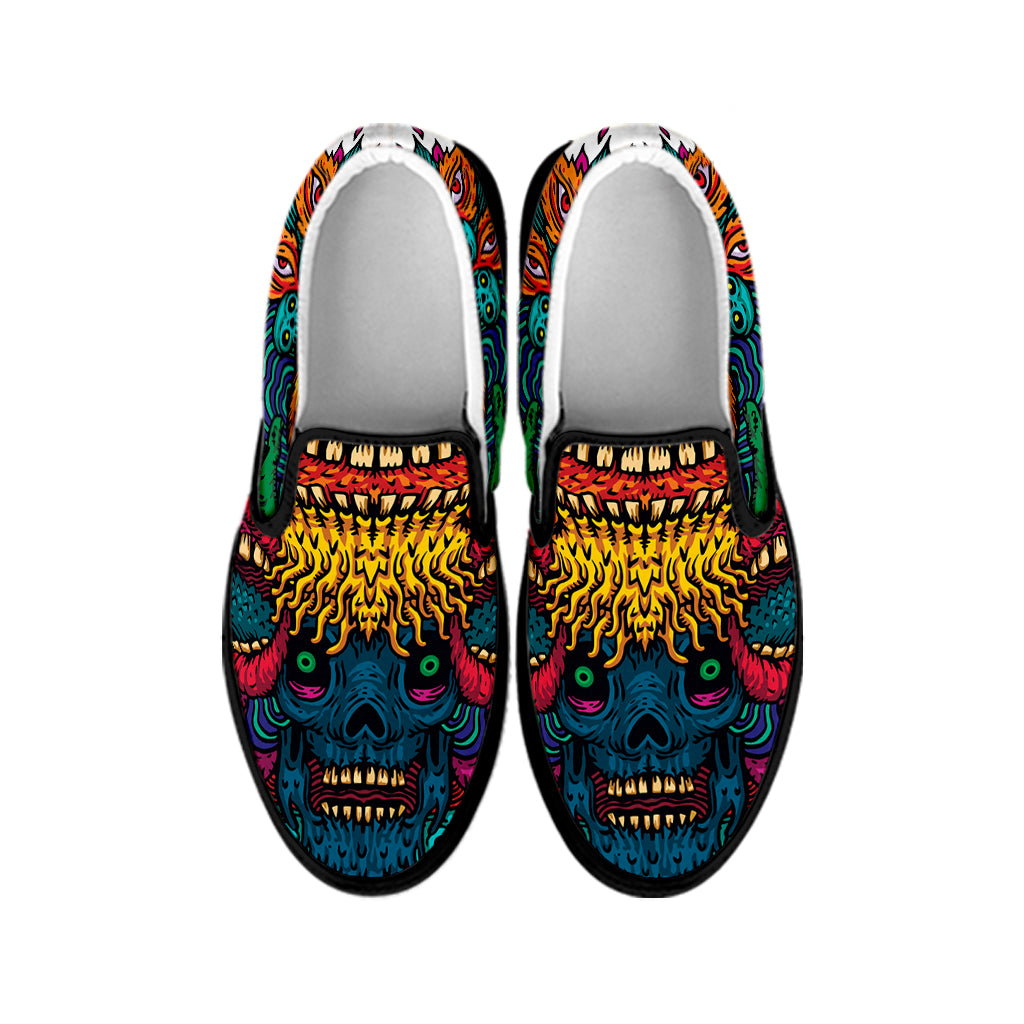 Psychedelic Skull Print Black Slip On Shoes