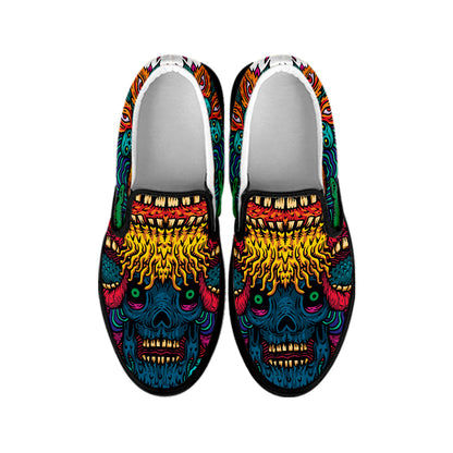 Psychedelic Skull Print Black Slip On Shoes