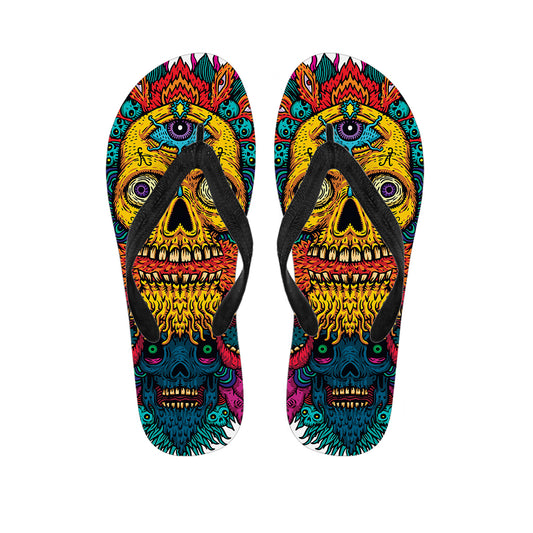 Psychedelic Skull Print Flip Flops