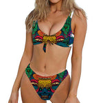 Psychedelic Skull Print Front Bow Tie Bikini
