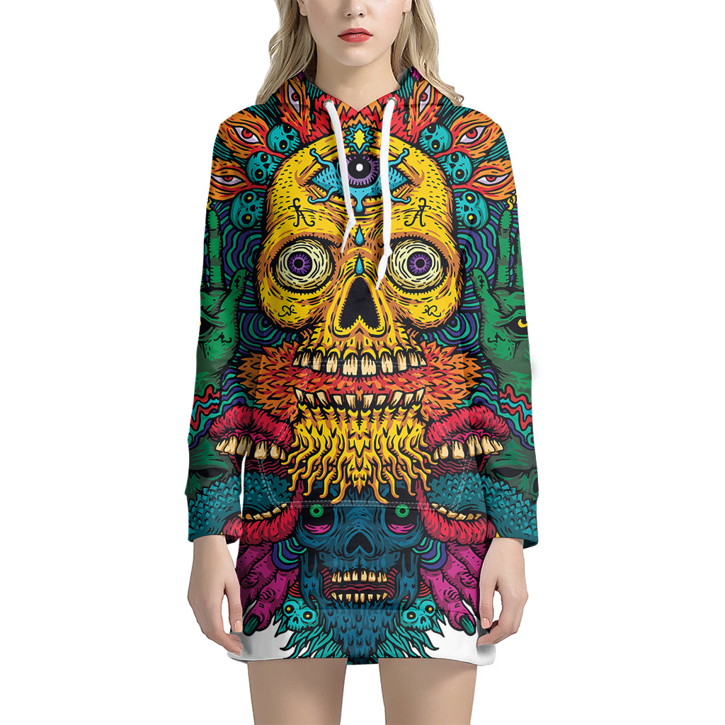 Psychedelic Skull Print Pullover Hoodie Dress