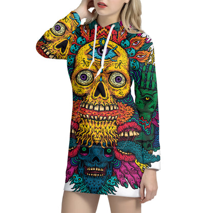 Psychedelic Skull Print Pullover Hoodie Dress