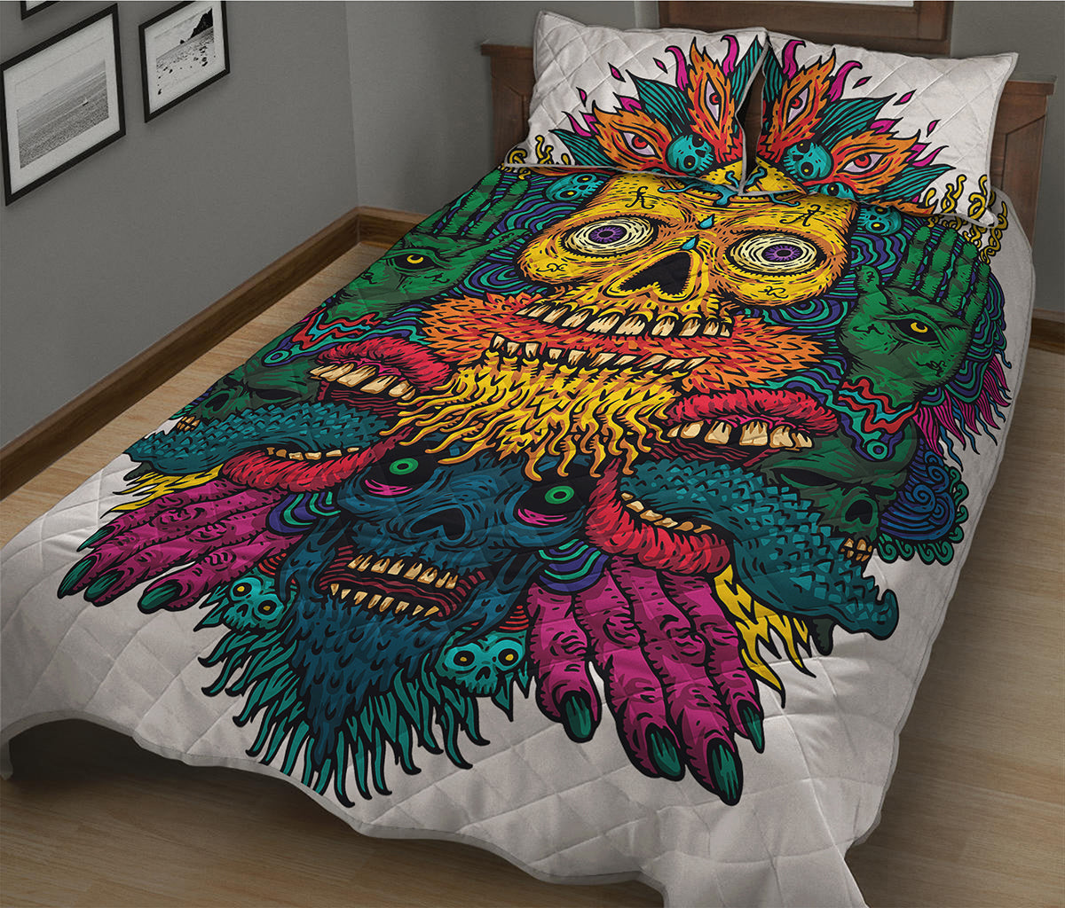 Psychedelic Skull Print Quilt Bed Set