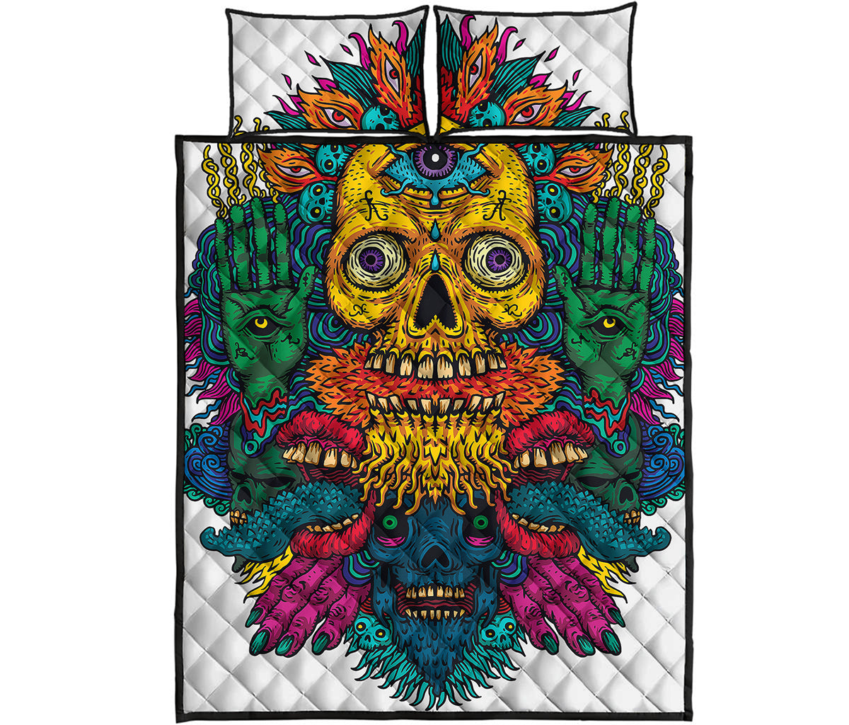 Psychedelic Skull Print Quilt Bed Set