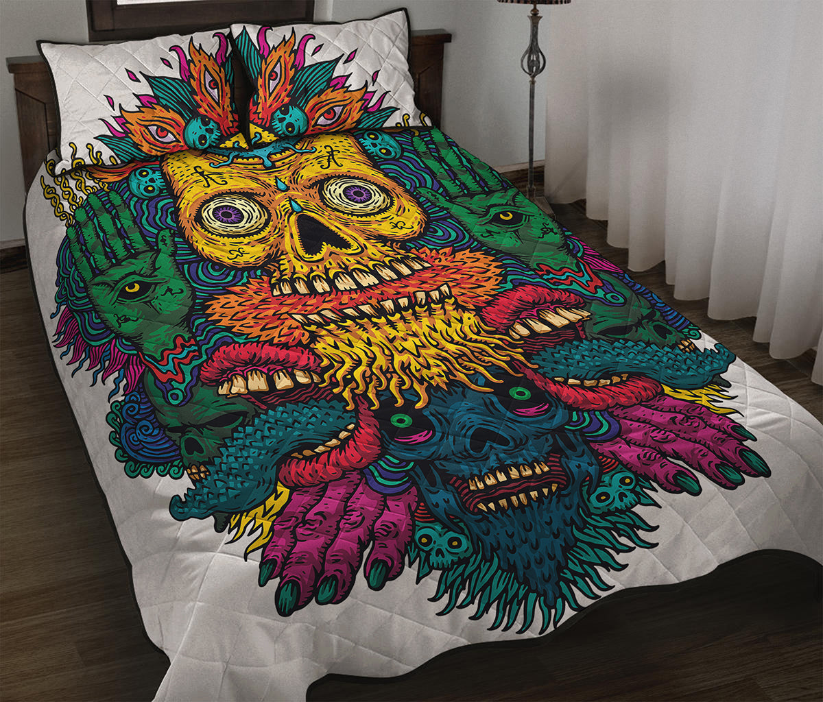 Psychedelic Skull Print Quilt Bed Set