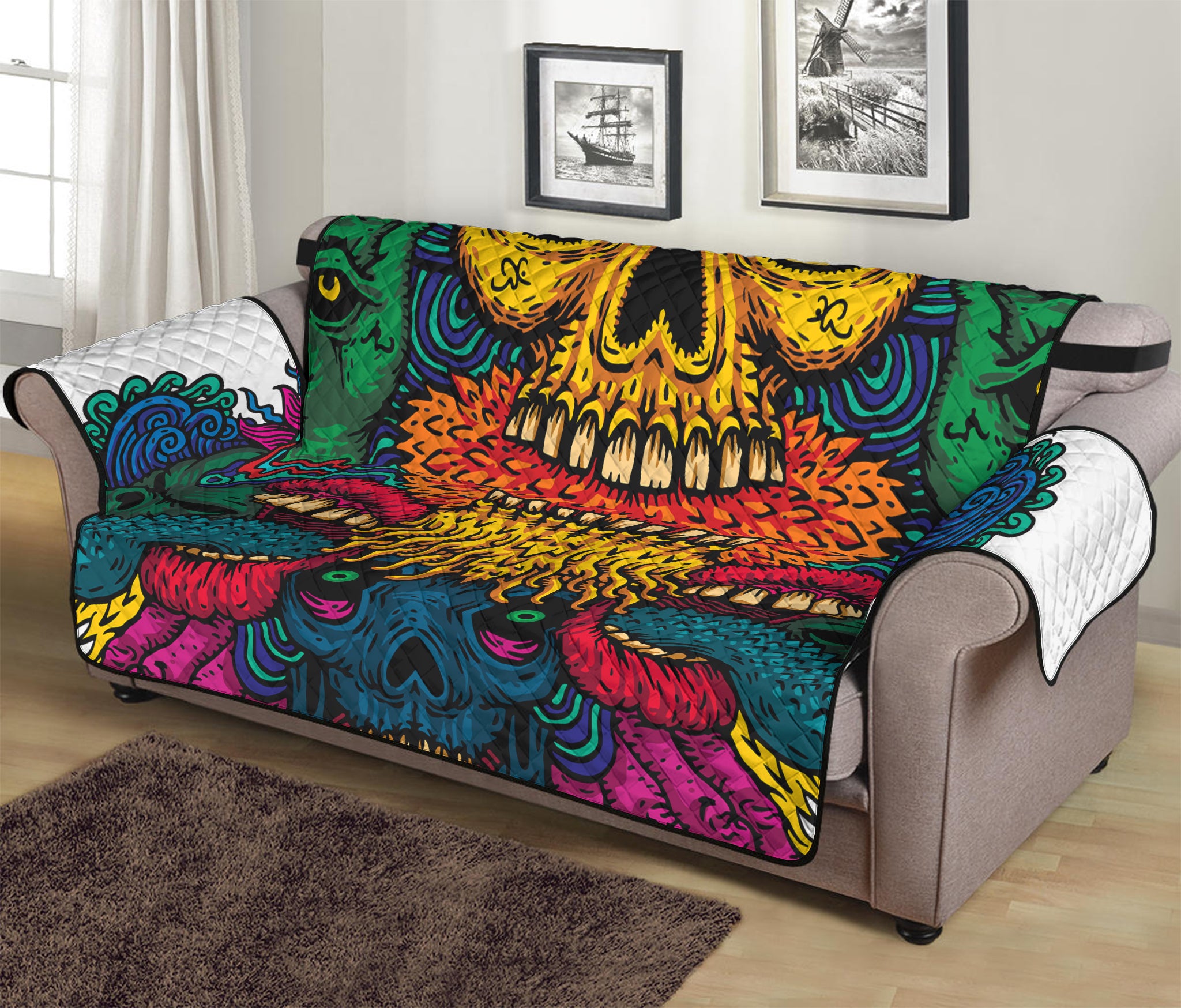 Psychedelic Skull Print Sofa Protector