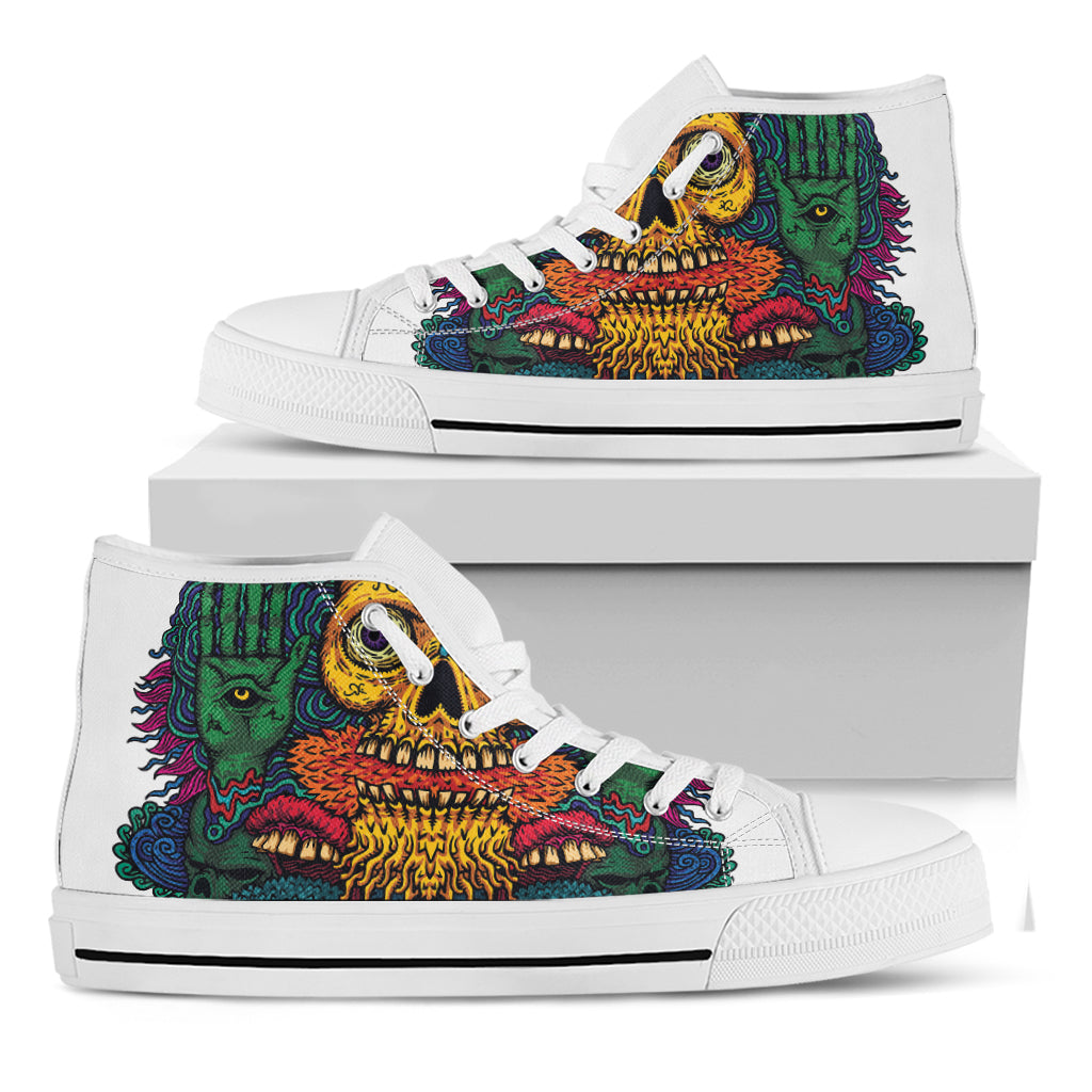 Psychedelic Skull Print White High Top Shoes