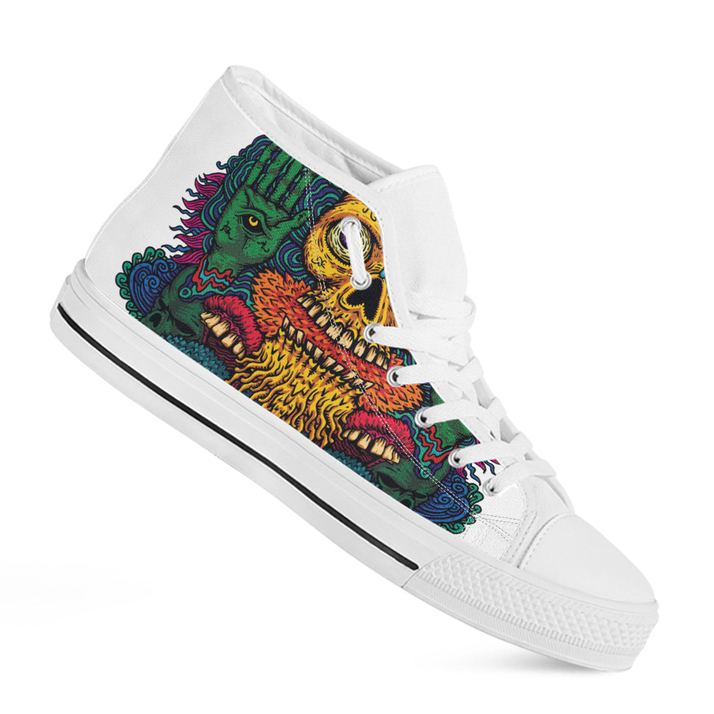 Psychedelic Skull Print White High Top Shoes