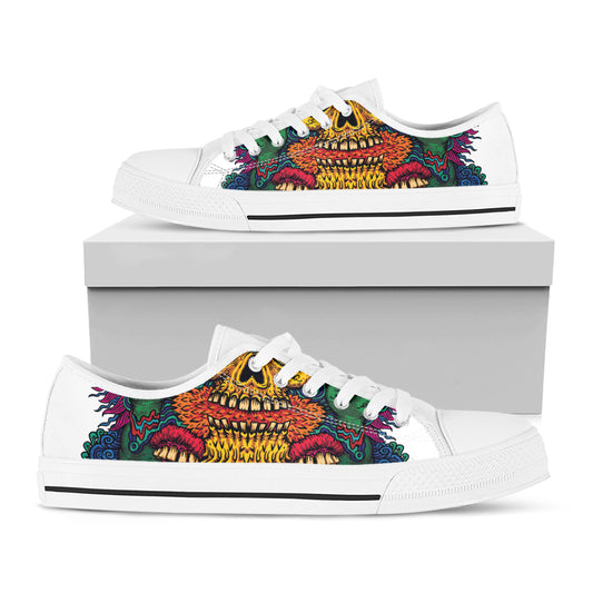 Psychedelic Skull Print White Low Top Shoes