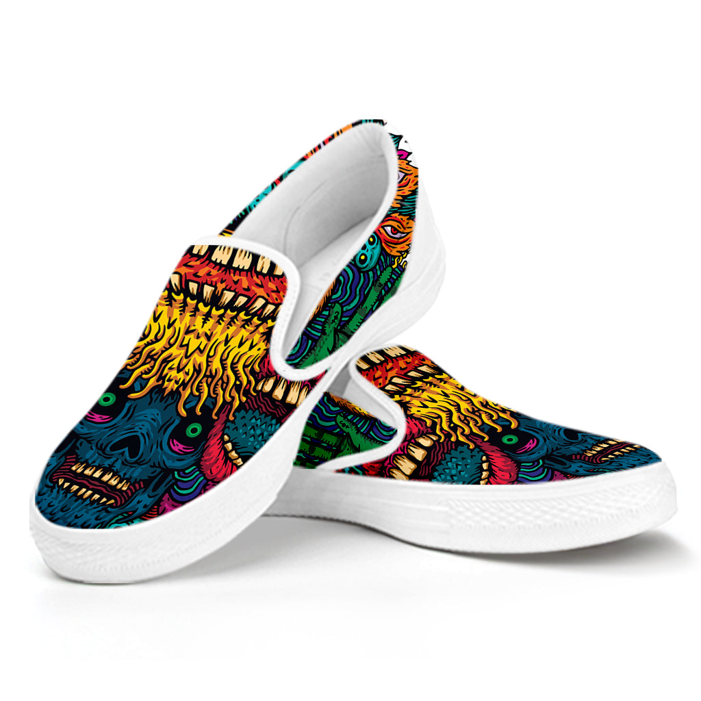 Psychedelic Skull Print White Slip On Shoes