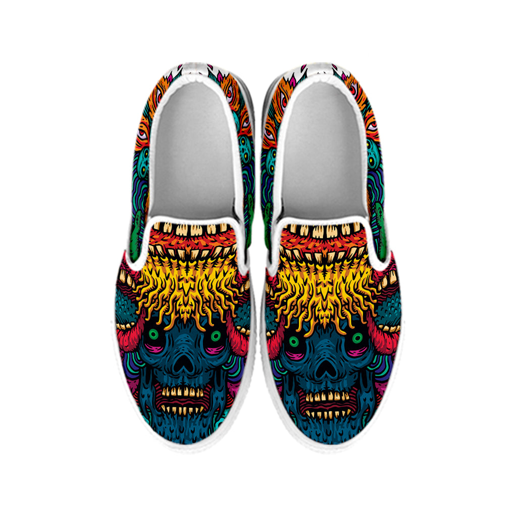 Psychedelic Skull Print White Slip On Shoes