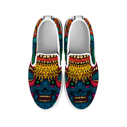 Psychedelic Skull Print White Slip On Shoes