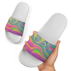 Psychedelic Soap Bubble Print White Slide Sandals