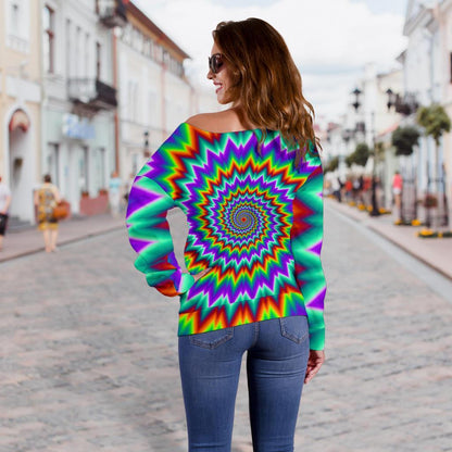 Psychedelic Spiral Optical Illusion Off Shoulder Sweatshirt GearFrost