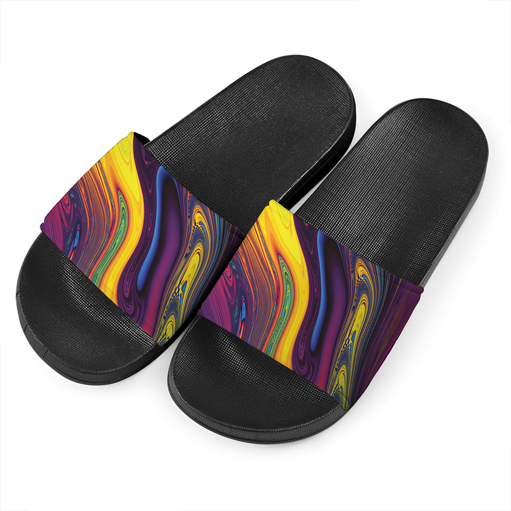 Psychedelic Trippy Fractal Print Black Slide Sandals