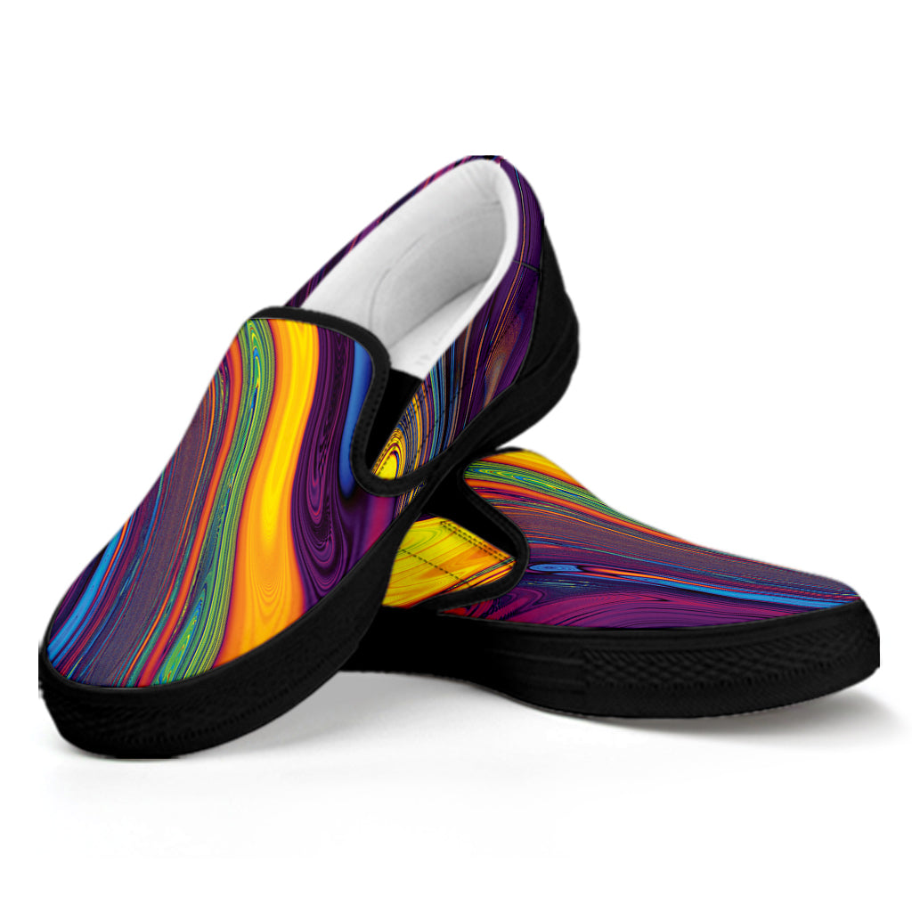 Psychedelic Trippy Fractal Print Black Slip On Shoes