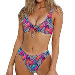 Psychedelic Tropical Aloha Pattern Print Front Bow Tie Bikini