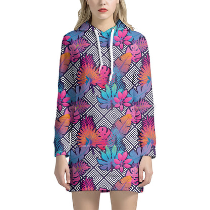 Psychedelic Tropical Aloha Pattern Print Hoodie Dress