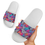 Psychedelic Tropical Aloha Pattern Print White Slide Sandals